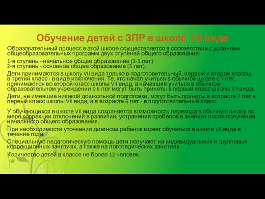 Обучение детей с ЗПР в школе VII вида Образовательный процесс