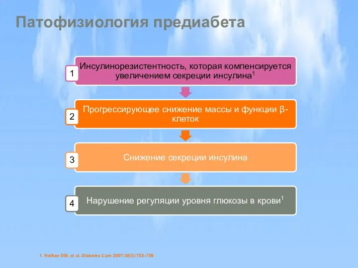 Патофизиология предиабета 1. Nathan DM, et al. Diabetes Care 2007;30(3):753–759 1 2 3 4