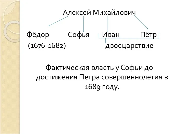 Алексей Михайлович Фёдор Софья Иван Пётр (1676-1682) двоецарствие Фактическая власть