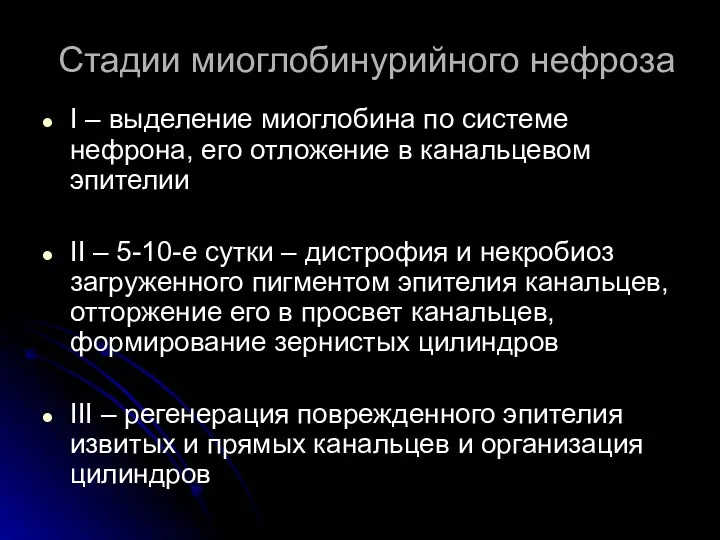 Стадии миоглобинурийного нефроза I – выделение миоглобина по системе нефрона, его отложение в