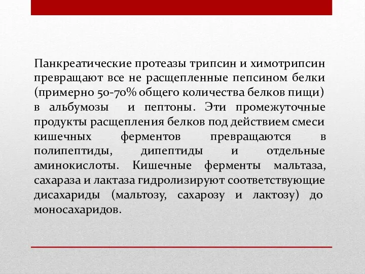 Панкреатические протеазы трипсин и химотрипсин превращают все не расщепленные пепсином белки (примерно 50-70%