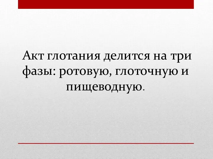 Акт глотания делится на три фазы: ротовую, глоточную и пищеводную.