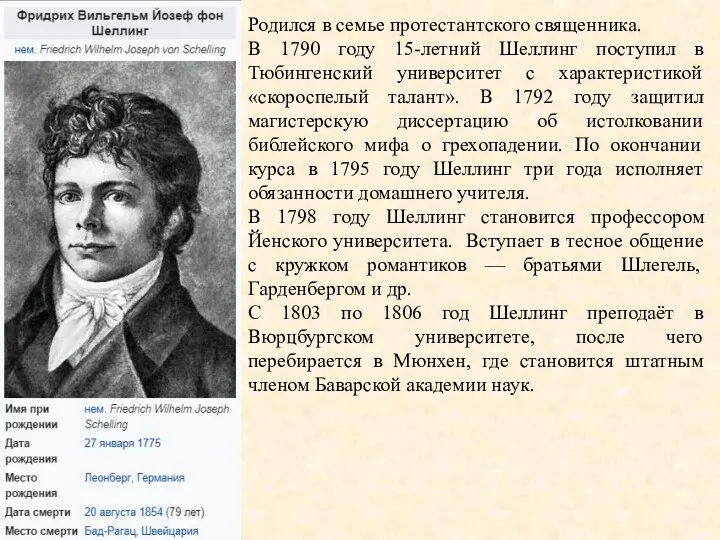 Родился в семье протестантского священника. В 1790 году 15-летний Шеллинг