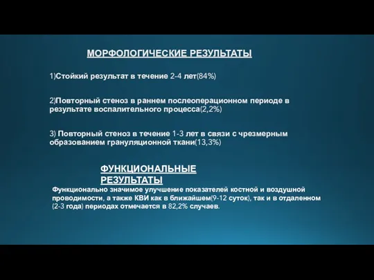 МОРФОЛОГИЧЕСКИЕ РЕЗУЛЬТАТЫ 1)Стойкий результат в течение 2-4 лет(84%) 2)Повторный стеноз