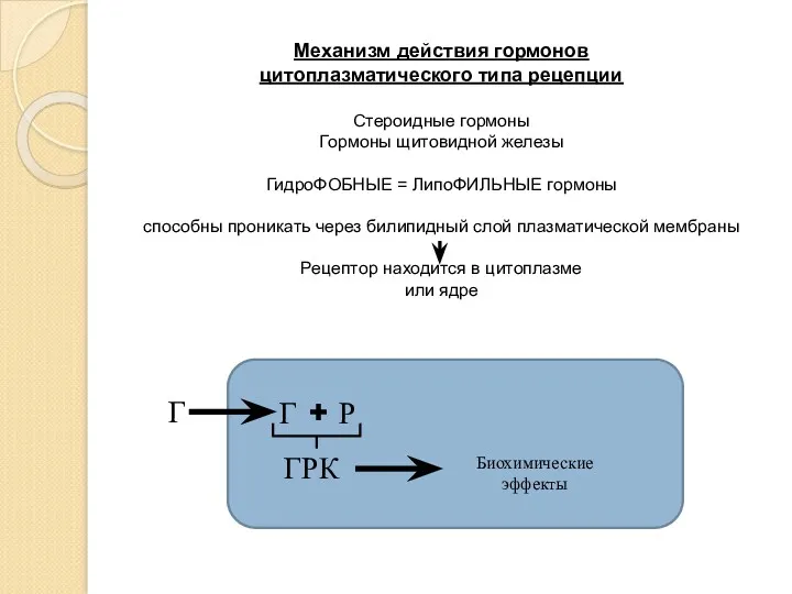 Механизм действия гормонов цитоплазматического типа рецепции Стероидные гормоны Гормоны щитовидной