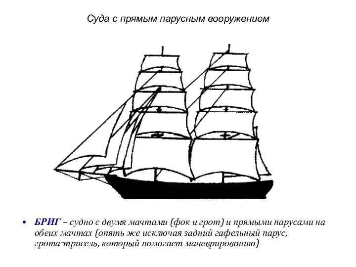 Суда с прямым парусным вооружением БРИГ – судно с двумя