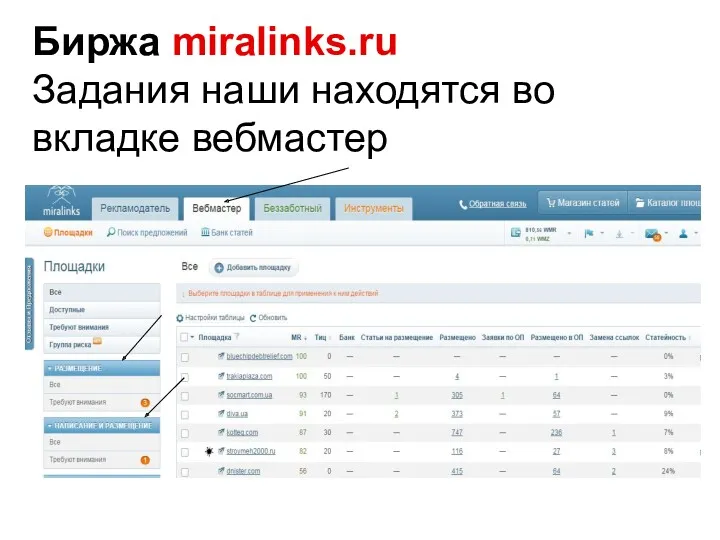 Биржа miralinks.ru Задания наши находятся во вкладке вебмастер