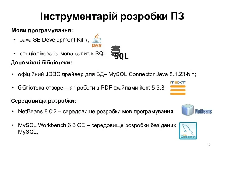 Інструментарій розробки ПЗ NetBeans 8.0.2 – середовище розробки мов програмування;