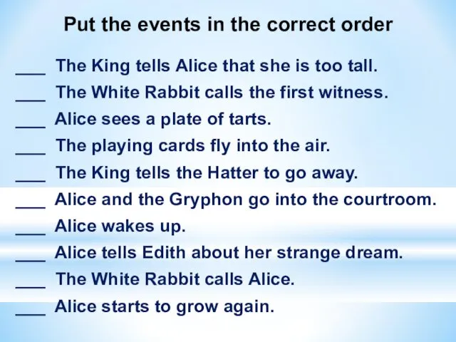 Put the events in the correct order ___ The King tells Alice that