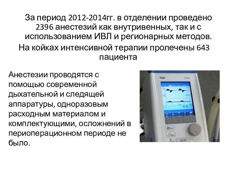 За период 2012-2014гг. в отделении проведено 2396 анестезий как внутривенных,