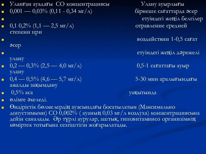 Уланған ауадағы СО концентрациясы Улану ауырлығы 0,001 — 0,03% (0,11 - 0,34 мг/л)