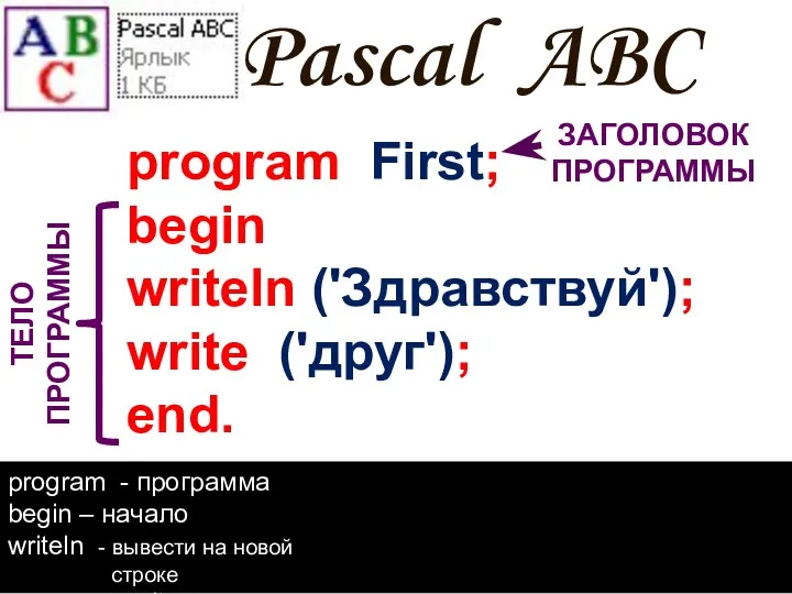 Pascal ABC program First; begin writeln ('Здравствуй'); write ('друг'); end.