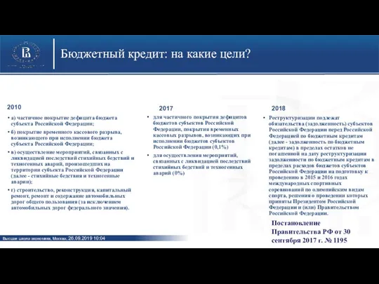 2010 а) частичное покрытие дефицита бюджета субъекта Российской Федерации; б)