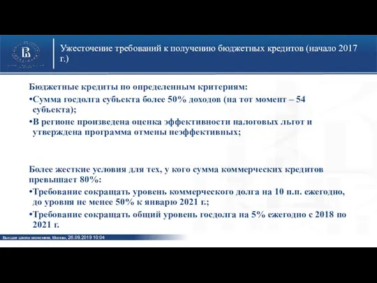 Ужесточение требований к получению бюджетных кредитов (начало 2017 г.) Бюджетные