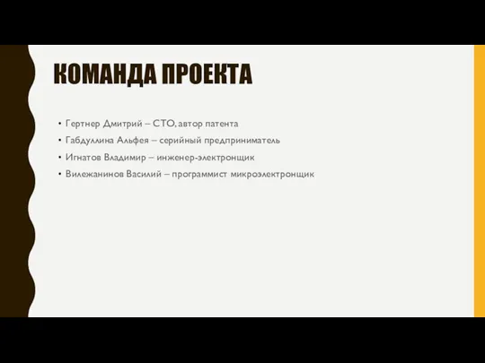 КОМАНДА ПРОЕКТА Гертнер Дмитрий – СТО, автор патента Габдуллина Альфея