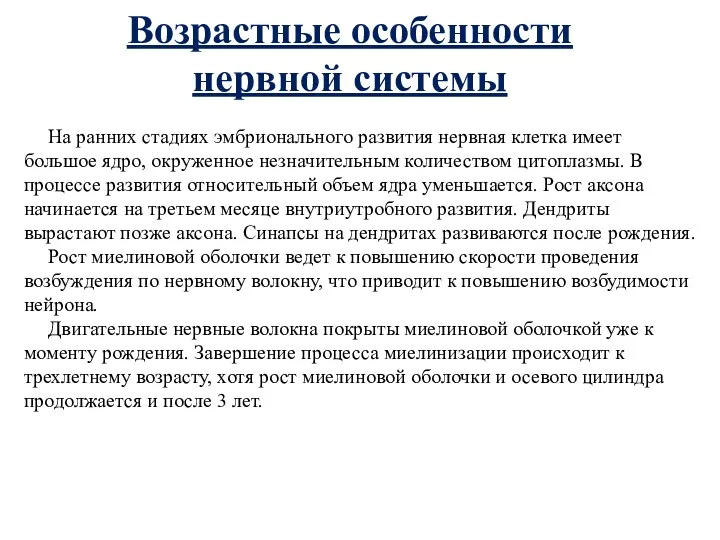 Возрастные особенности нервной системы На ранних стадиях эмбрионального развития нервная