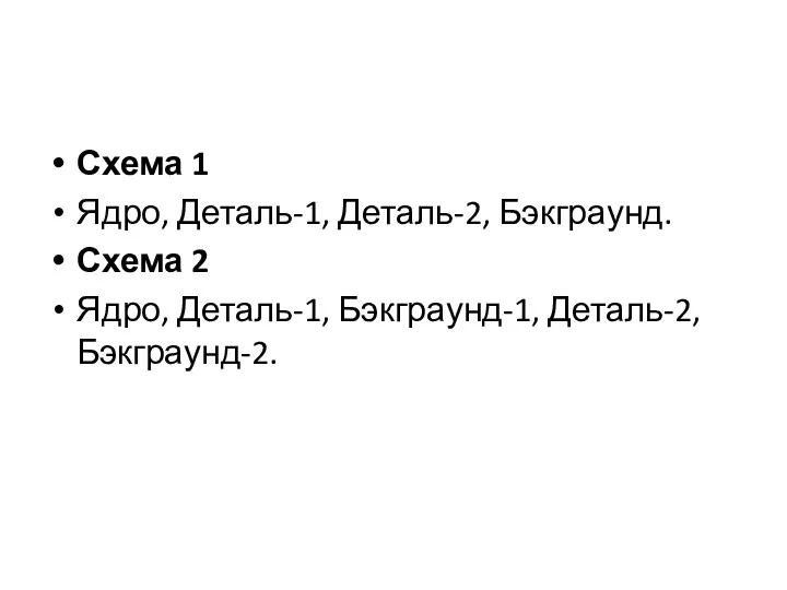 Схема 1 Ядро, Деталь-1, Деталь-2, Бэкграунд. Схема 2 Ядро, Деталь-1, Бэкграунд-1, Деталь-2, Бэкграунд-2.