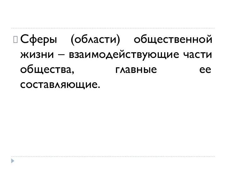 Сферы (области) общественной жизни – взаимодействующие части общества, главные ее составляющие.