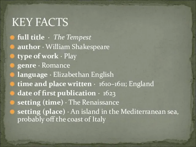 full title · The Tempest author · William Shakespeare type