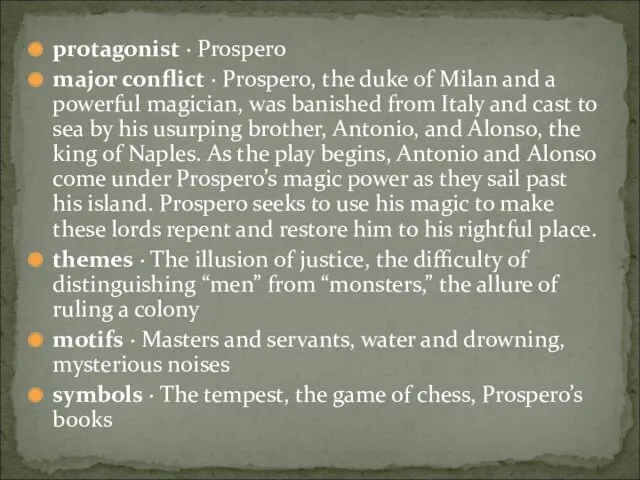 protagonist · Prospero major conflict · Prospero, the duke of