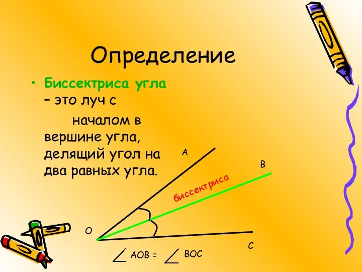 Определение Биссектриса угла – это луч с началом в вершине