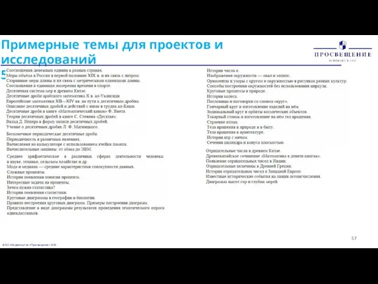 © АО «Издательство «Просвещение» 2020 Примерные темы для проектов и исследований 5 – 6 классы