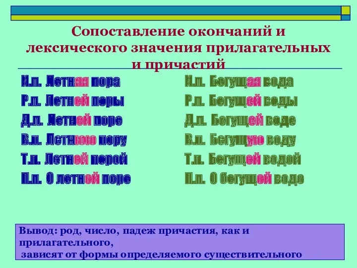 Сопоставление окончаний и лексического значения прилагательных и причастий И.п. Летняя