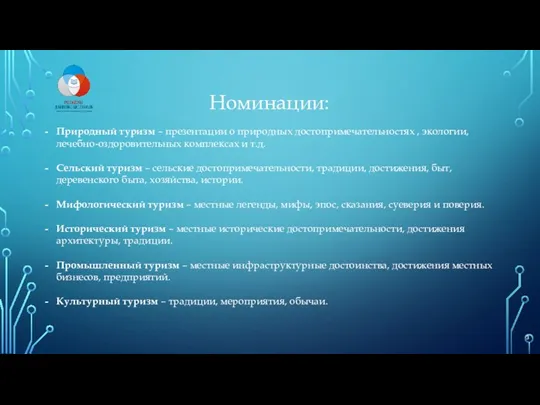 Номинации: Природный туризм – презентации о природных достопримечательностях , экологии,