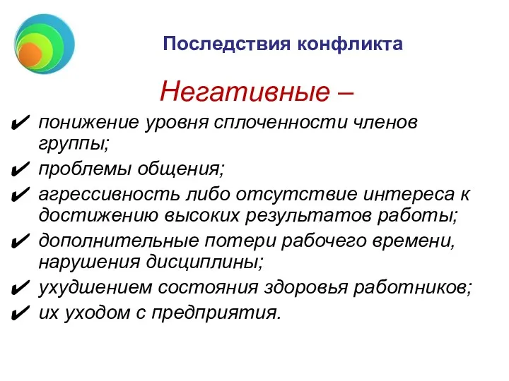 Последствия конфликта Негативные – понижение уровня сплоченности членов группы; проблемы