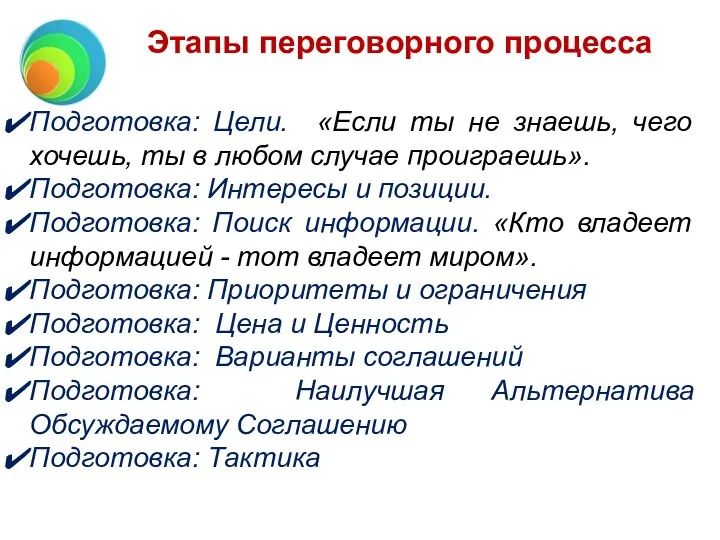 Этапы переговорного процесса Подготовка: Цели. «Если ты не знаешь, чего