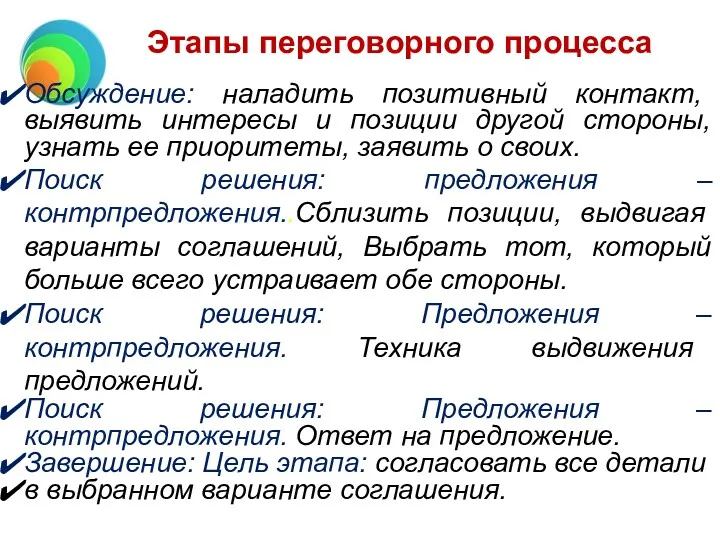 Этапы переговорного процесса Обсуждение: наладить позитивный контакт, выявить интересы и