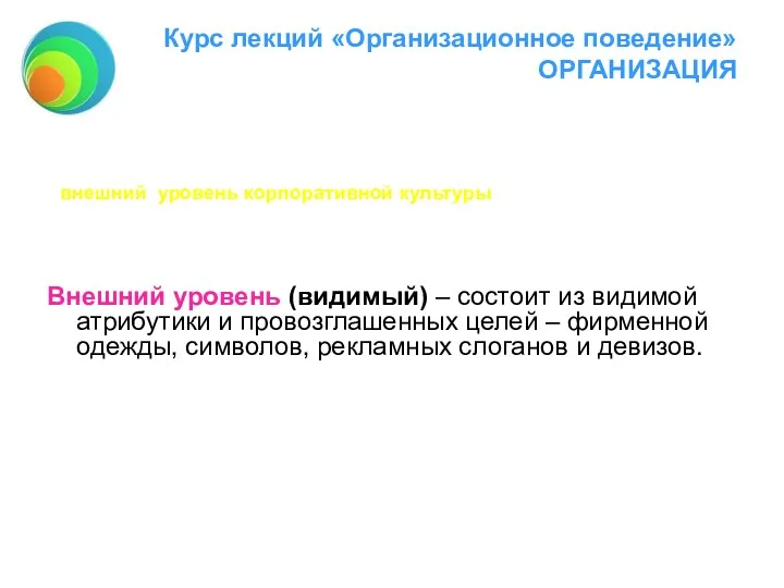 Курс лекций «Организационное поведение» ОРГАНИЗАЦИЯ Внешний уровень (видимый) – состоит