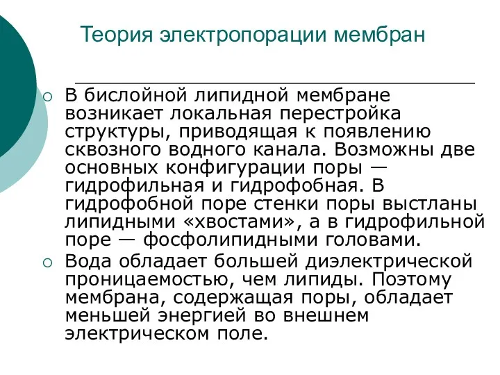 Теория электропорации мембран В бислойной липидной мембране возникает локальная перестройка