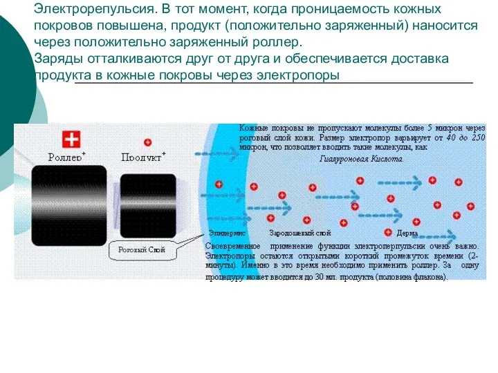 Электрорепульсия. В тот момент, когда проницаемость кожных покровов повышена, продукт