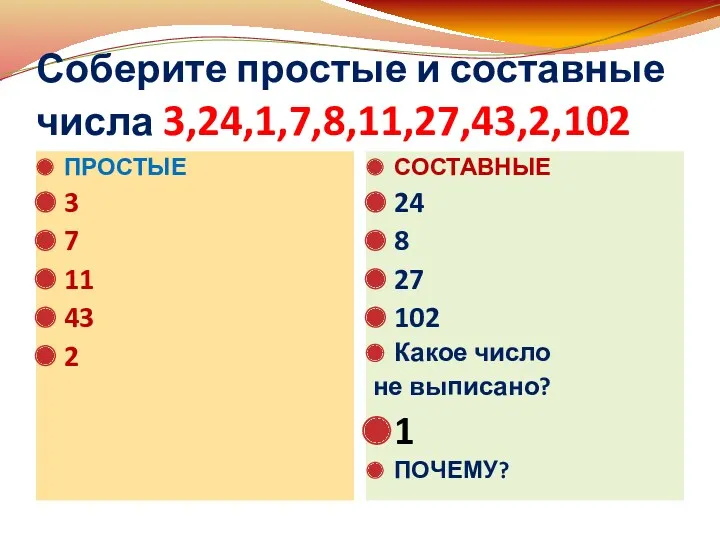 Соберите простые и составные числа 3,24,1,7,8,11,27,43,2,102 ПРОСТЫЕ 3 7 11