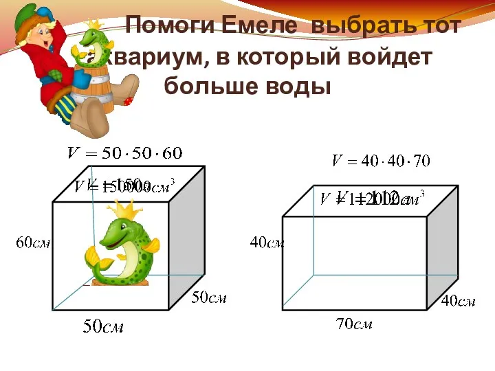 Помоги Емеле выбрать тот аквариум, в который войдет больше воды