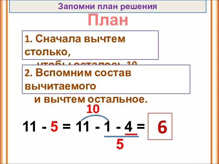 План 1. Сначала вычтем столько, чтобы осталось 10. 2. Вспомним