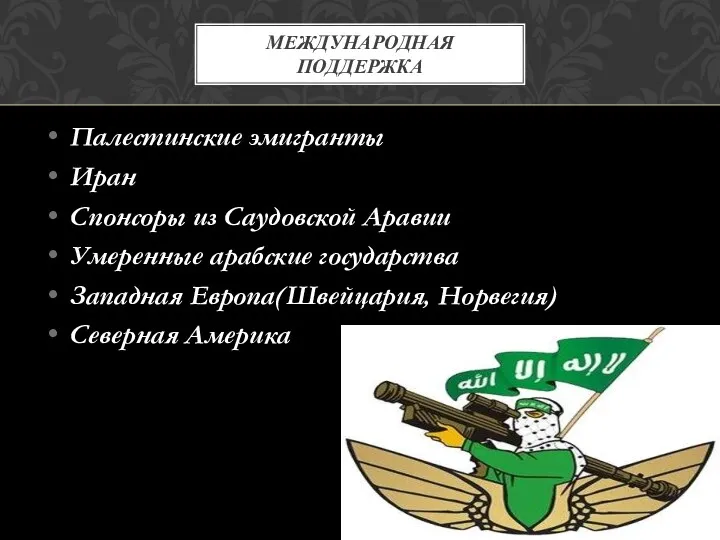 Палестинские эмигранты Иран Спонсоры из Саудовской Аравии Умеренные арабские государства