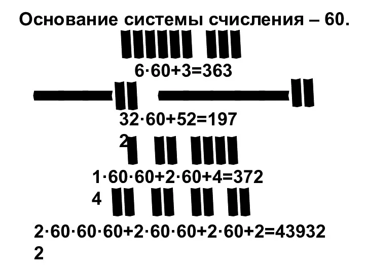 6·60+3=363 Основание системы счисления – 60. 32·60+52=1972 1·60·60+2·60+4=3724 2·60·60·60+2·60·60+2·60+2=439322