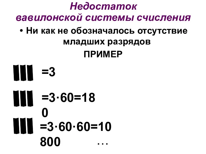 Недостаток вавилонской системы счисления Ни как не обозначалось отсутствие младших