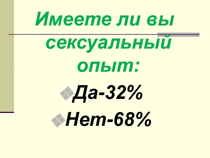 Имеете ли вы сексуальный опыт: Да-32% Нет-68%