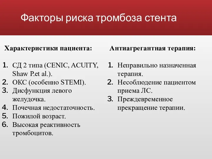 Факторы риска тромбоза стента Антиагрегантная терапия: Неправильно назначенная терапия. Несоблюдение