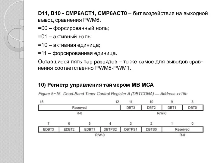 D11, D10 - CMP6ACT1, CMP6ACT0 – бит воздействия на выходной вывод сравнения PWM6.