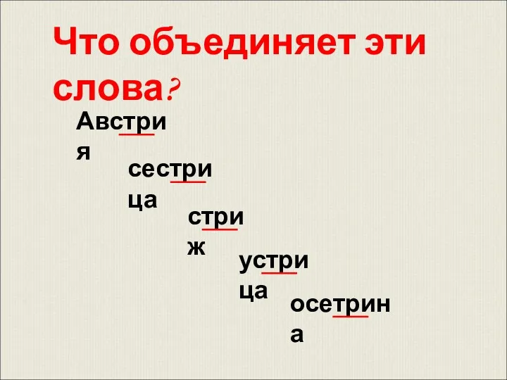 Что объединяет эти слова? сестрица стриж Австрия устрица осетрина