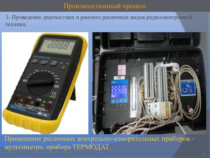 . Производственный процесс Применение различных контрольно-измерительных приборов - мультиметра, прибора