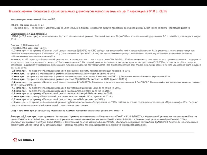 Выполнение бюджета капитальных ремонтов накопительно за 7 месяцев 2018 г.