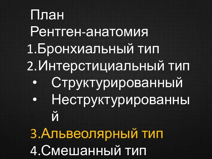 План Рентген-анатомия Бронхиальный тип Интерстициальный тип Структурированный Неструктурированный 3.Альвеолярный тип 4.Смешанный тип