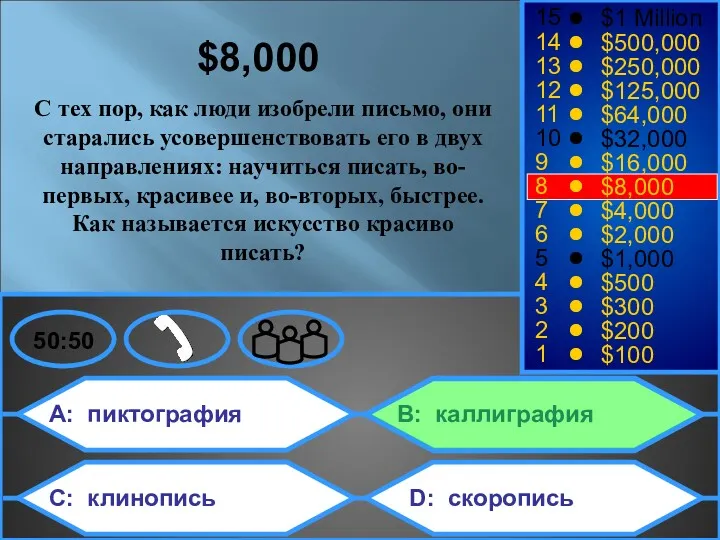 A: пиктография C: клинопись B: каллиграфия D: скоропись 50:50 15