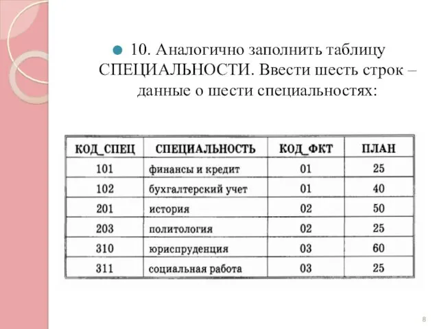 10. Аналогично заполнить таблицу СПЕЦИАЛЬНОСТИ. Ввести шесть строк – данные о шести специальностях: