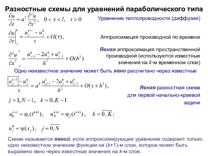 Разностные схемы для уравнений параболического типа Уравнение теплопроводности (диффузии) Аппроксимация